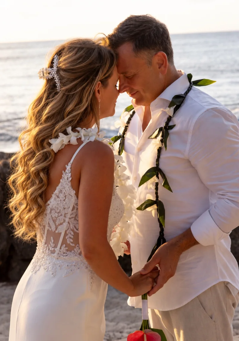 Amy and Karl holding hands with their foreheads together at their Hawaii wedding
